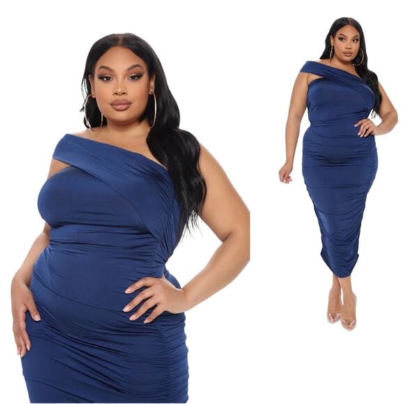 NWT Fashion Nova Tessa Ruched Midi Dress Navy One Shoulder Size 1X - Picture 3 of 12